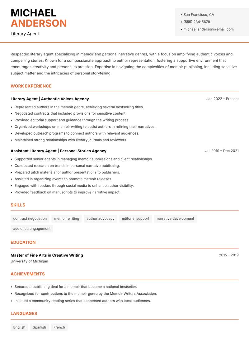 Literary Agent resume sample — Literary Agent focus