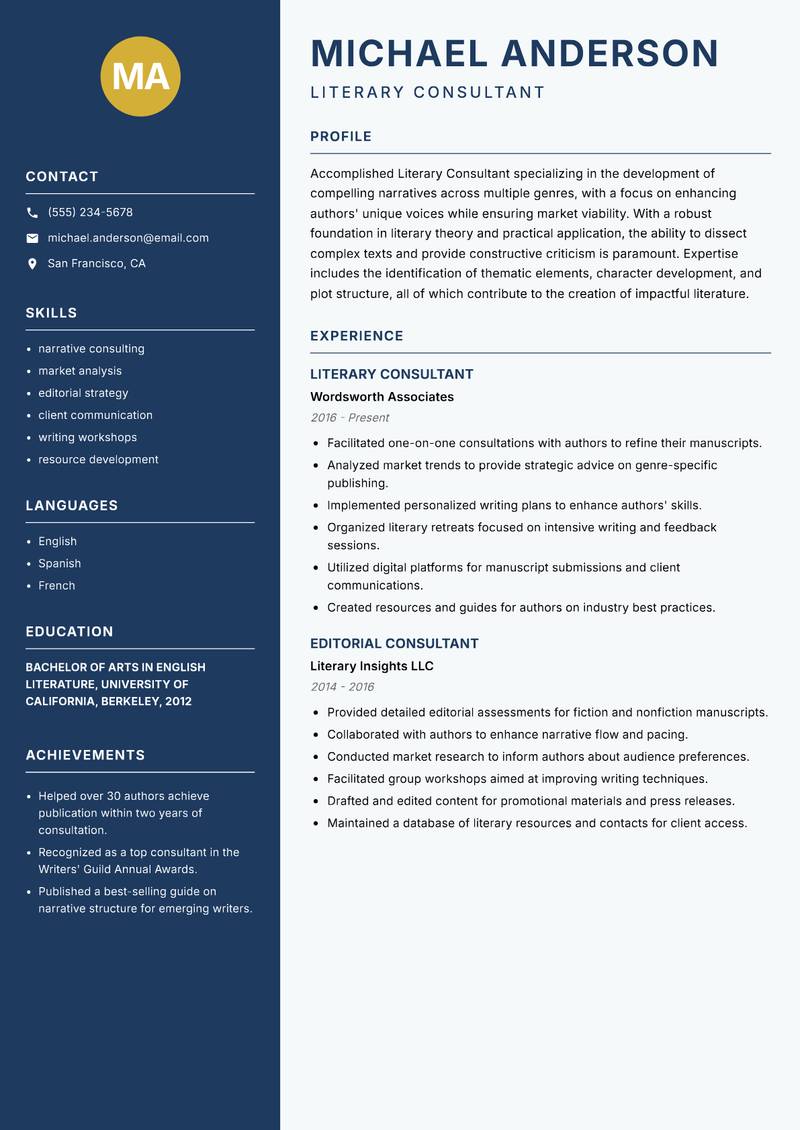 Literary Consultant resume sample — Literary Consultant focus