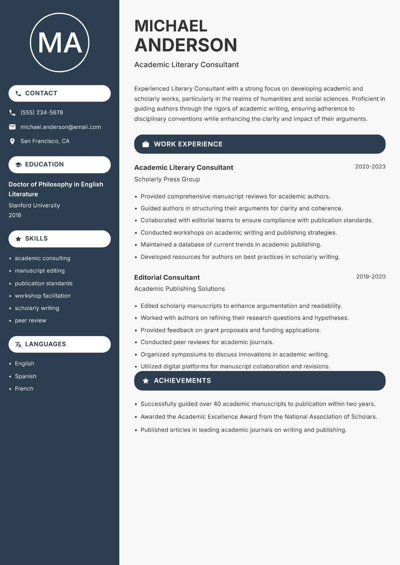 Literary Consultant resume sample — Academic Literary Consultant focus