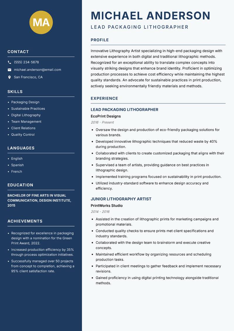 Lithography Artist resume sample — Lead Packaging Lithographer focus