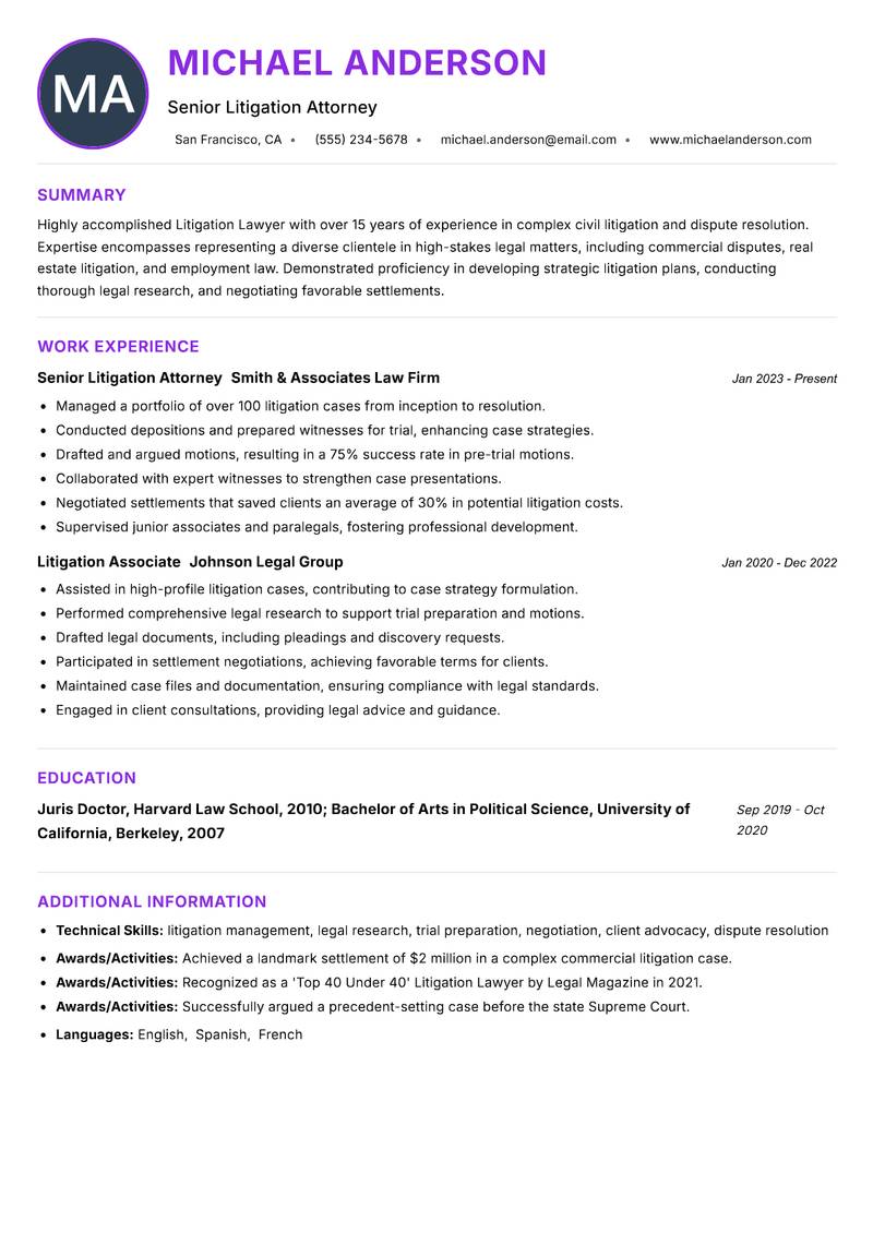 Litigation Lawyer resume example