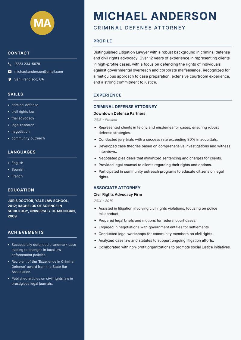 Litigation Lawyer resume sample — Criminal Defense Attorney focus