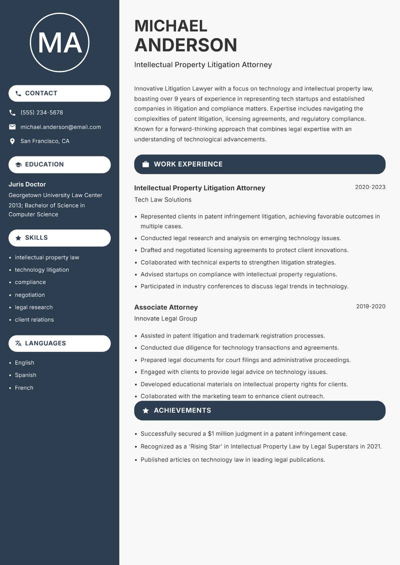 Litigation Lawyer resume sample — Intellectual Property Litigation Attorney focus