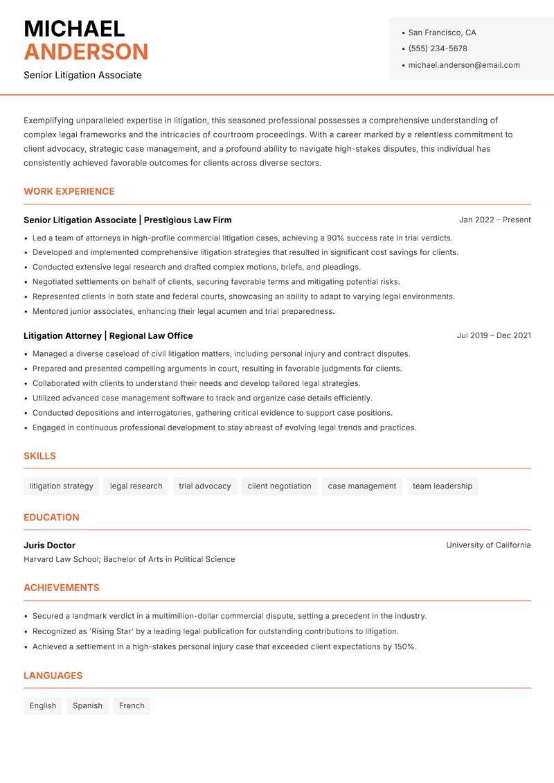 Litigation Lawyer resume sample — Senior Litigation Associate focus