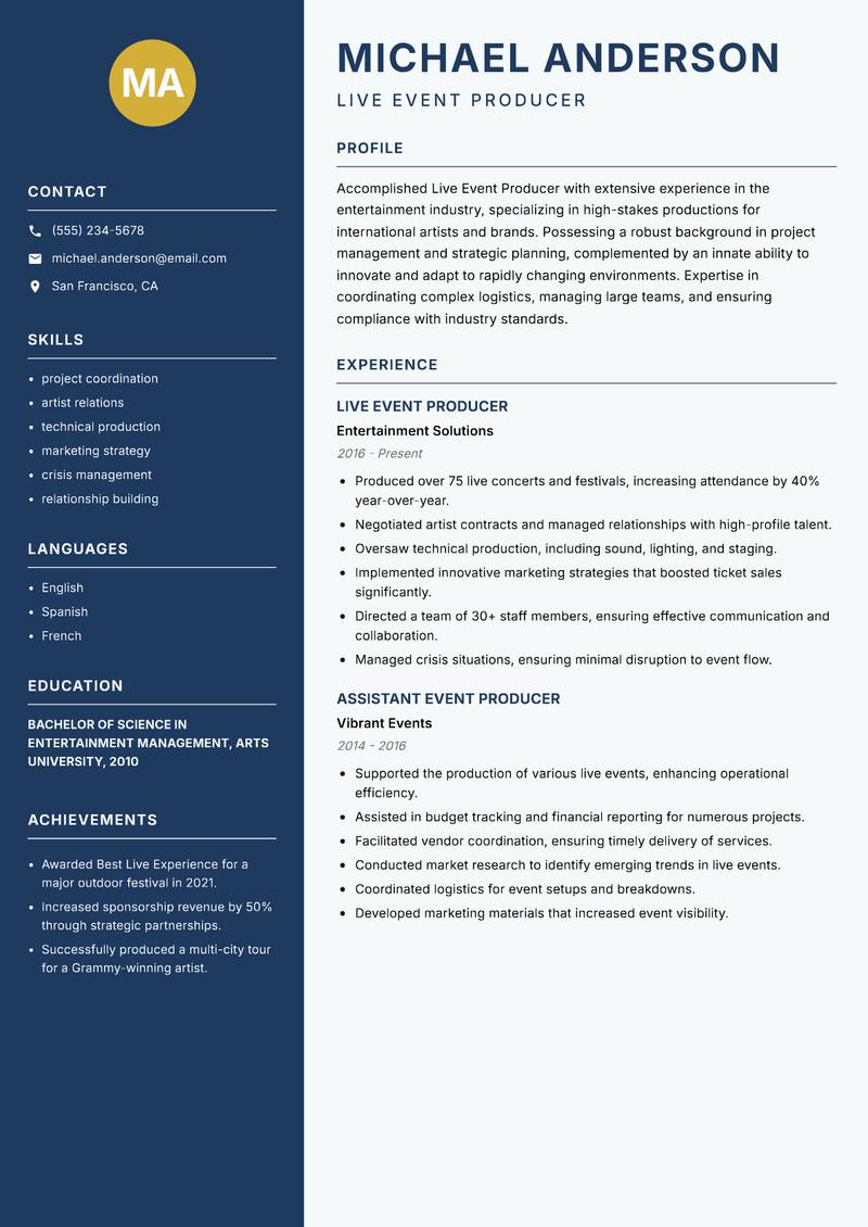 Live Event Producer resume sample — Live Event Producer focus