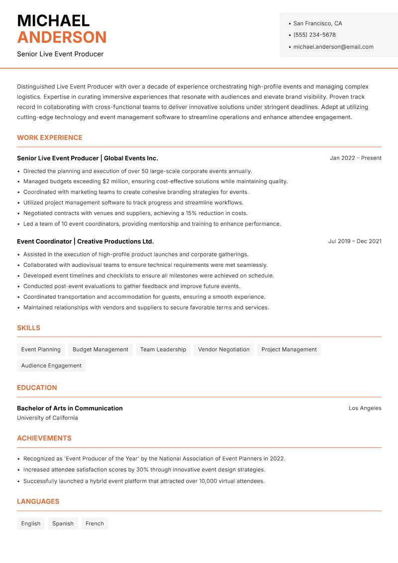 Live Event Producer resume sample — Senior Live Event Producer focus