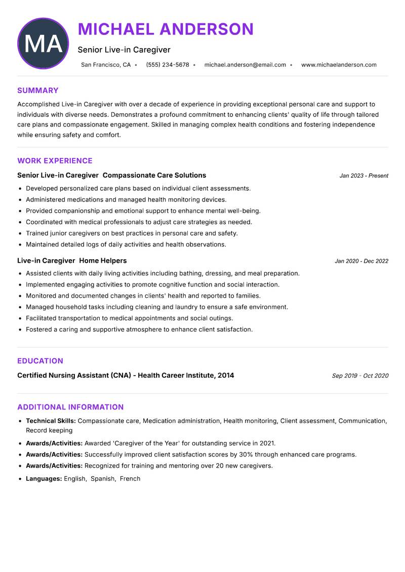 Live-in Caregiver resume example