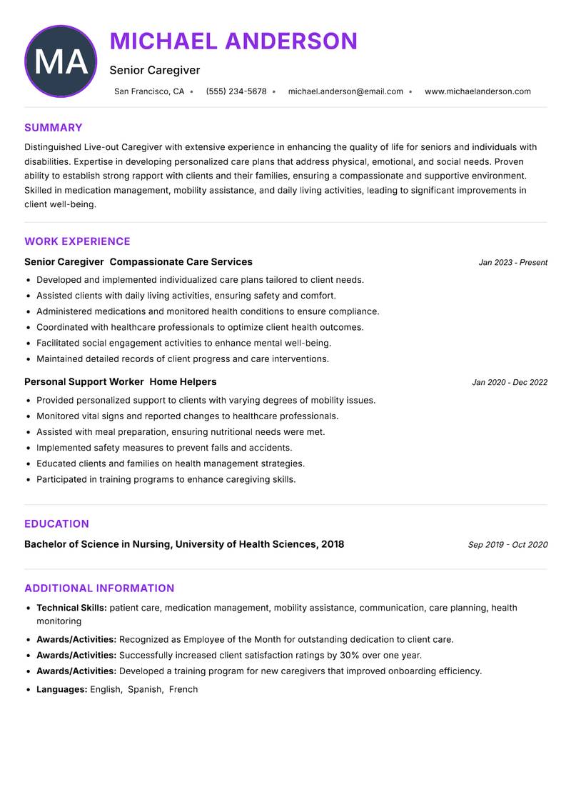 Live-out Caregiver resume example