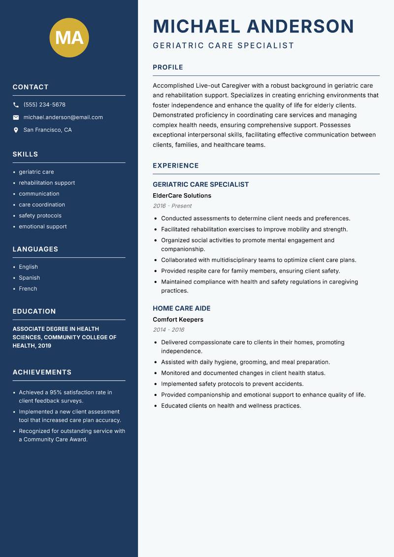 Live-out Caregiver resume sample — Geriatric Care Specialist focus