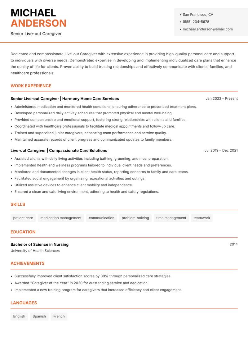 Live-out Caregiver resume sample — Senior Live-out Caregiver focus