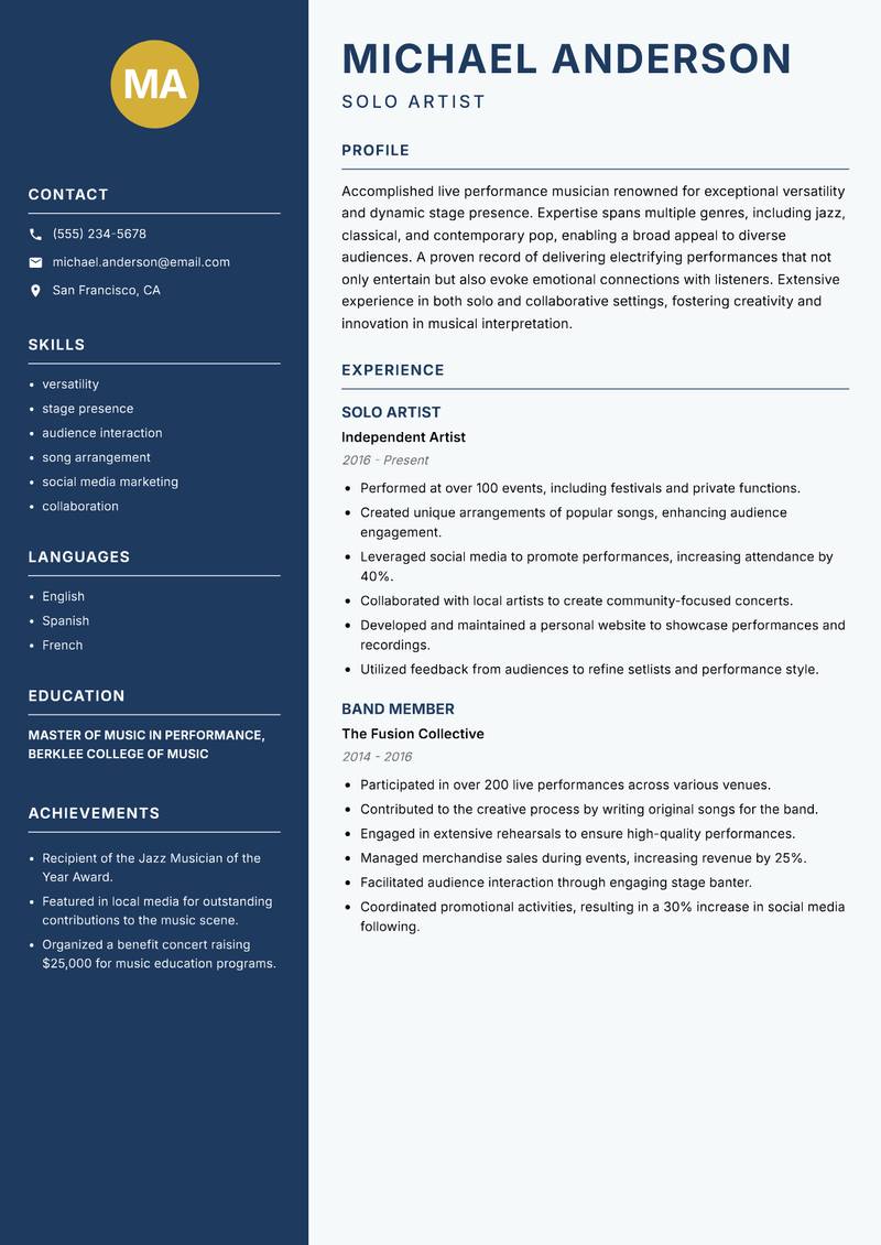 Live Performance Musician resume sample — Solo Artist focus