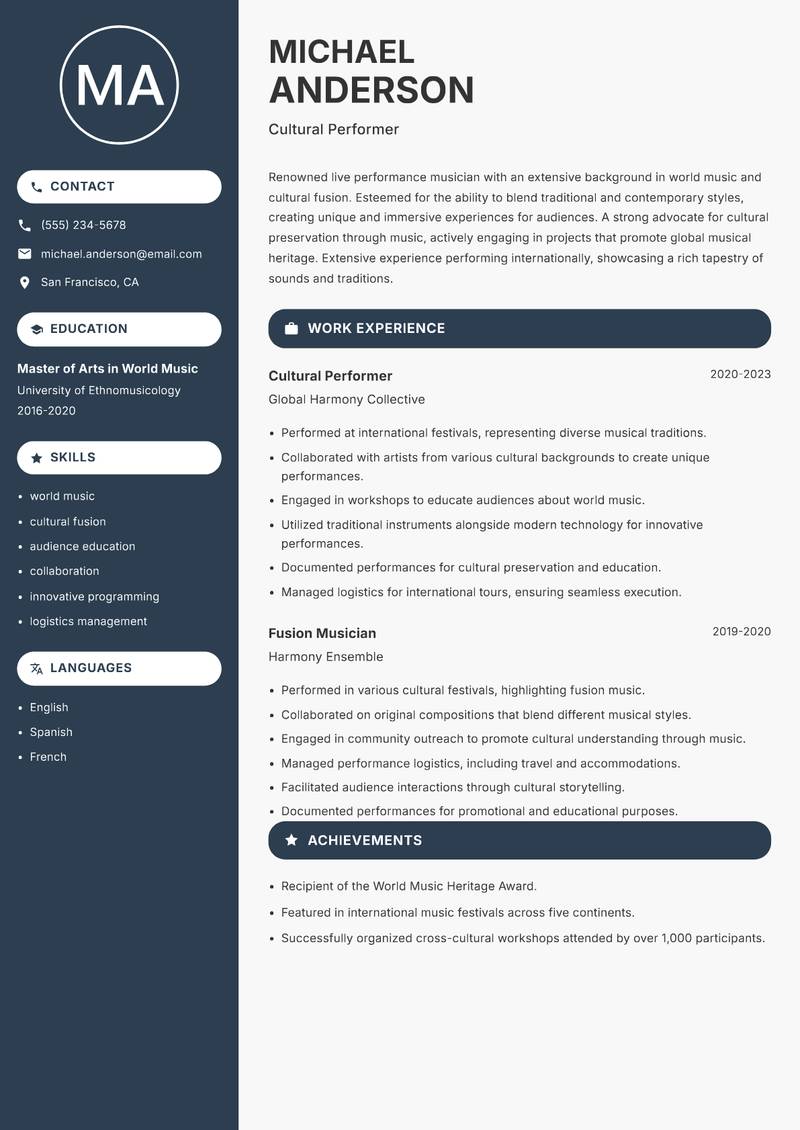 Live Performance Musician resume sample — Cultural Performer focus