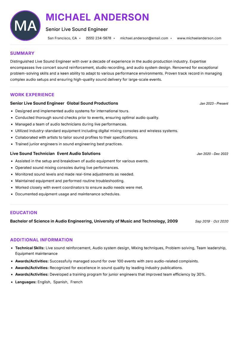 Live Sound Engineer resume example