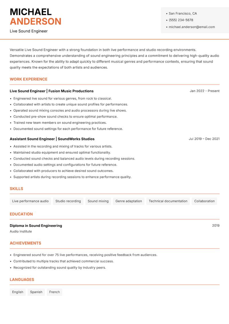 Live Sound Engineer resume sample — Live Sound Engineer focus