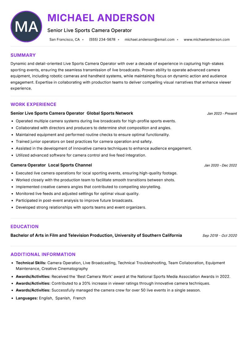 Live Sports Camera Operator resume example