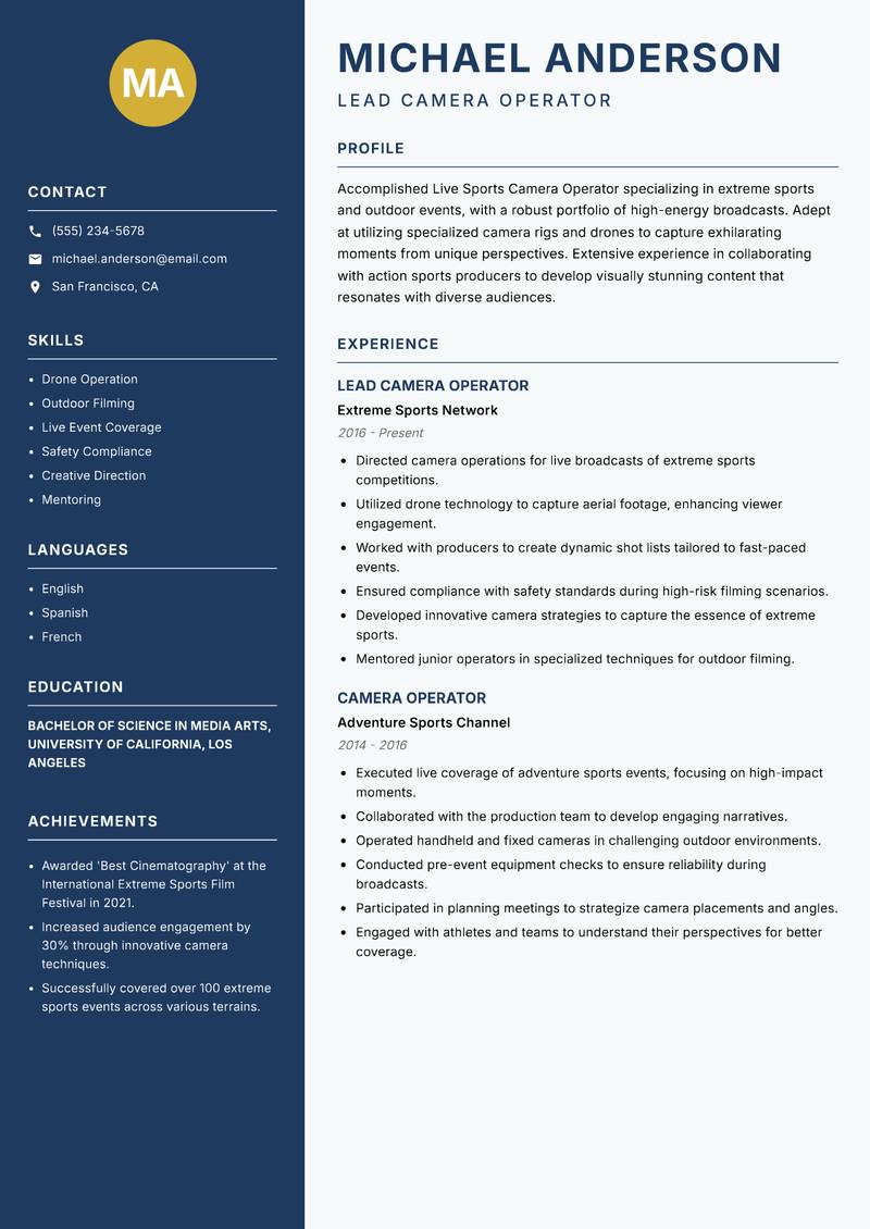 Live Sports Camera Operator resume sample — Lead Camera Operator focus