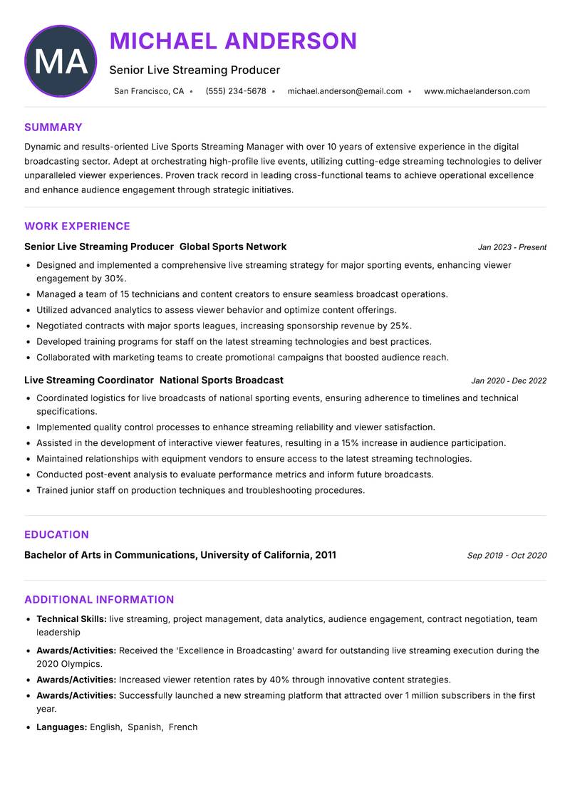Live Sports Streaming Manager resume example