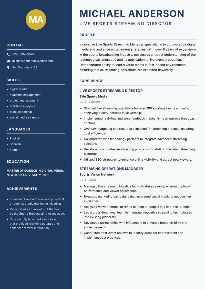 Live Sports Streaming Manager resume sample — Live Sports Streaming Director focus
