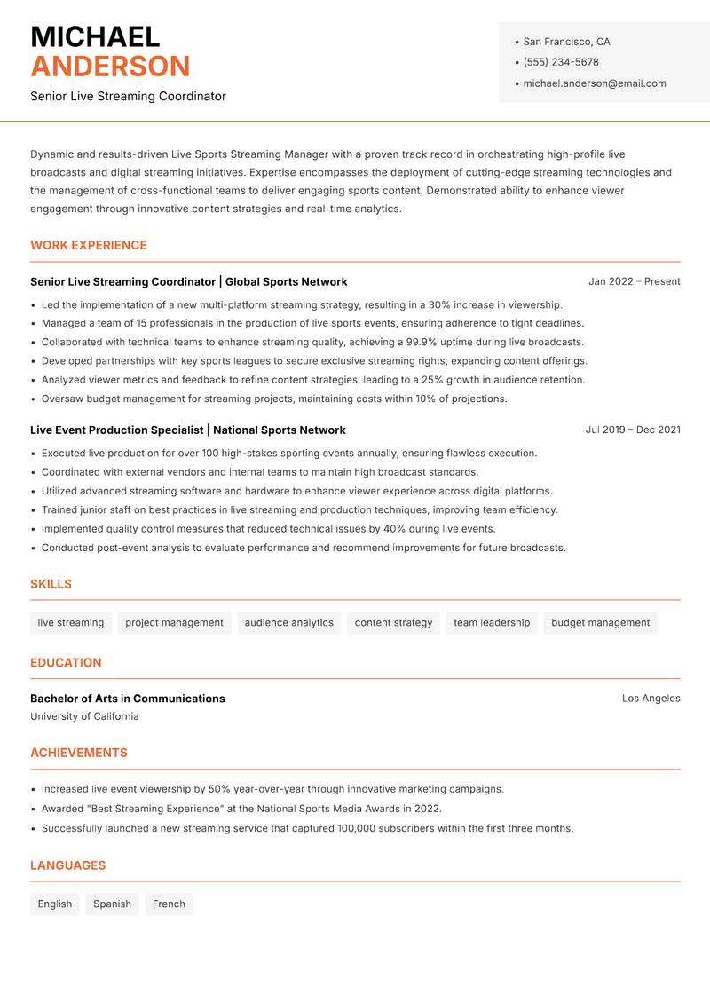 Live Sports Streaming Manager resume sample — Senior Live Streaming Coordinator focus