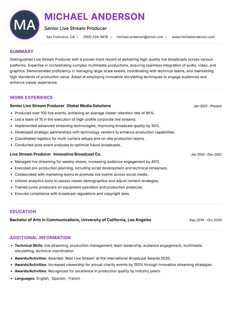 Live Stream Producer resume example