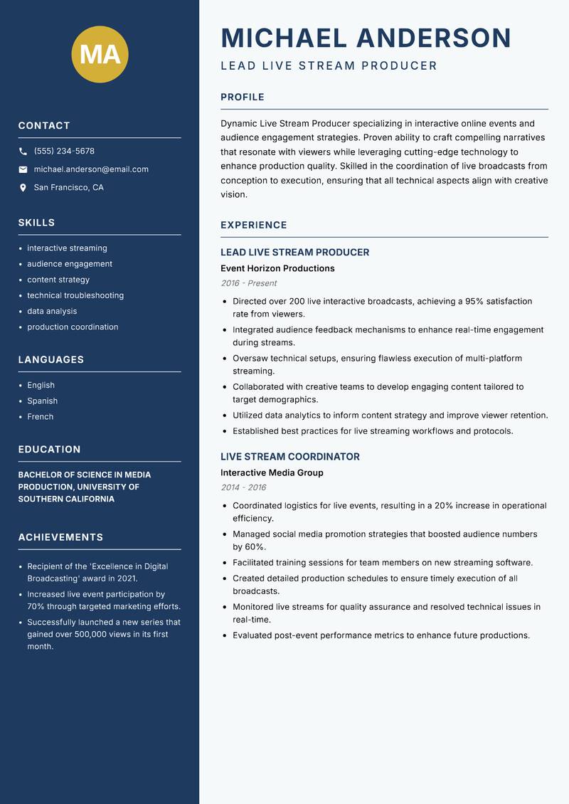 Live Stream Producer resume sample — Lead Live Stream Producer focus