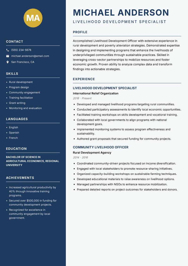 Livelihood Development Officer resume sample — Livelihood Development Specialist focus
