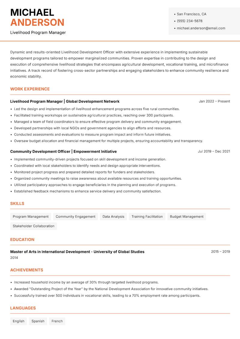 Livelihood Development Officer resume sample — Livelihood Program Manager focus