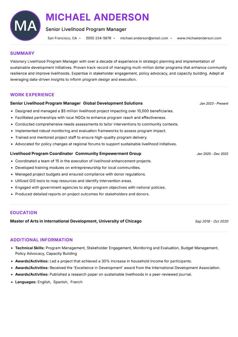 Livelihood Program Manager resume example