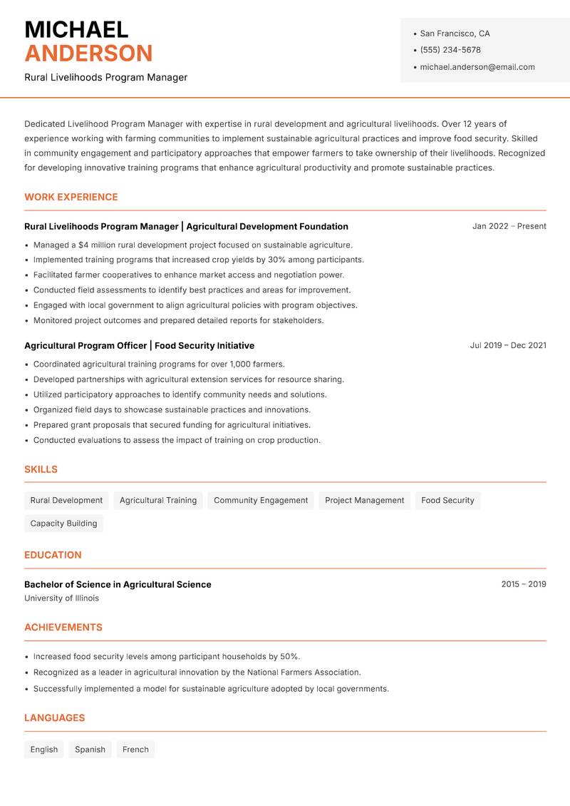 Livelihood Program Manager resume sample — Rural Livelihoods Program Manager focus