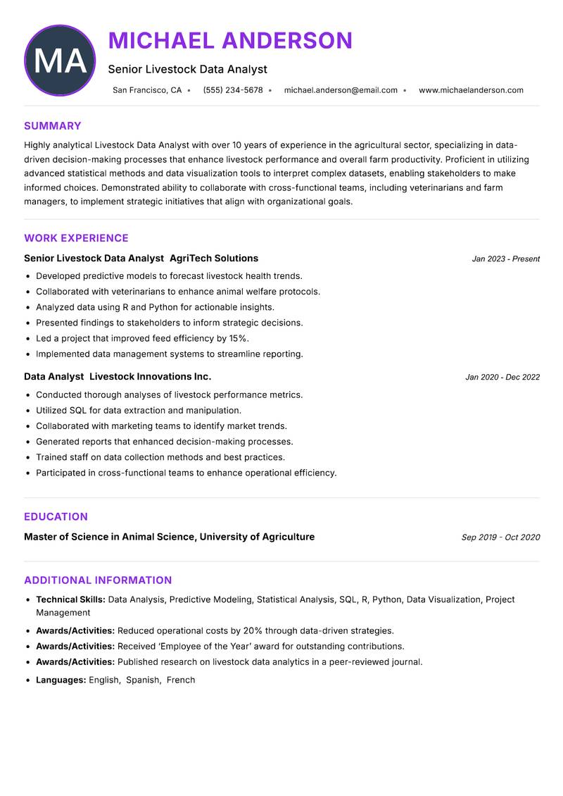 Livestock Data Analyst resume example