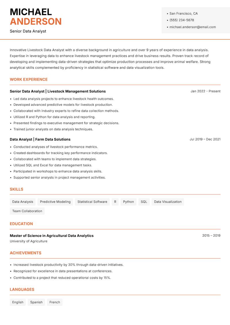 Livestock Data Analyst resume sample — Senior Data Analyst focus