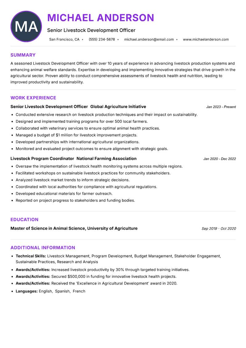Livestock Development Officer resume example
