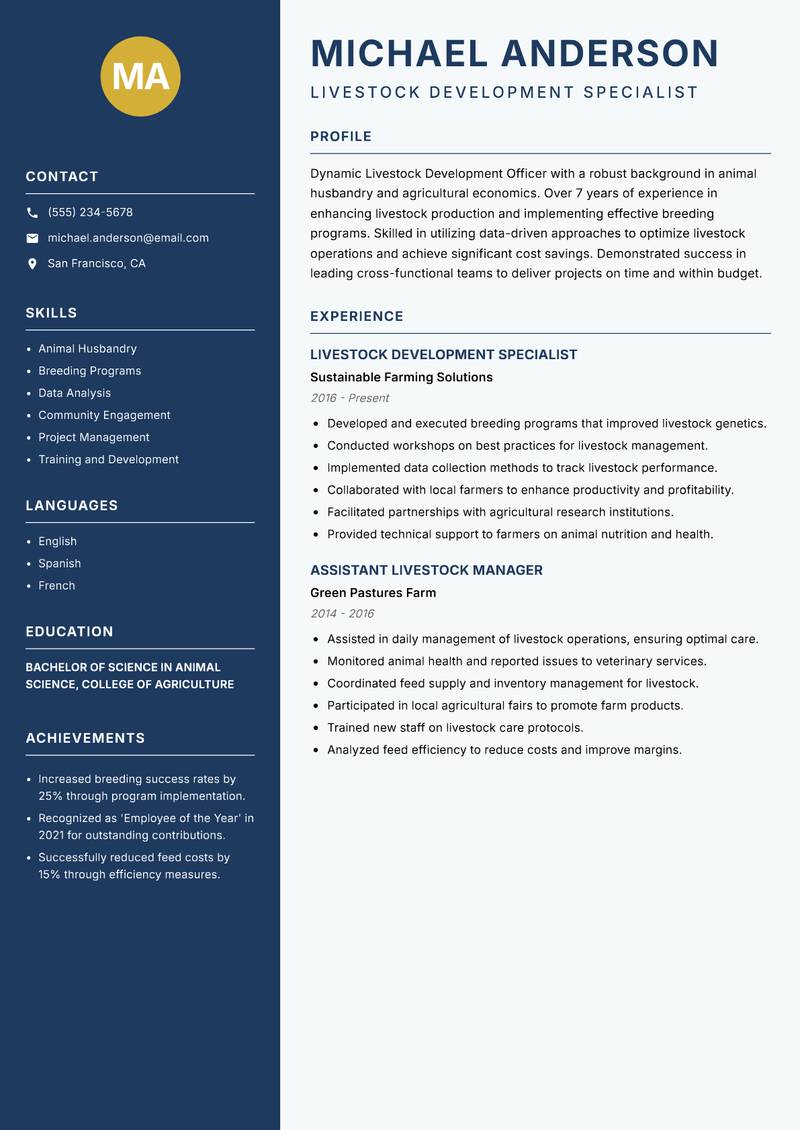 Livestock Development Officer resume sample — Livestock Development Specialist focus