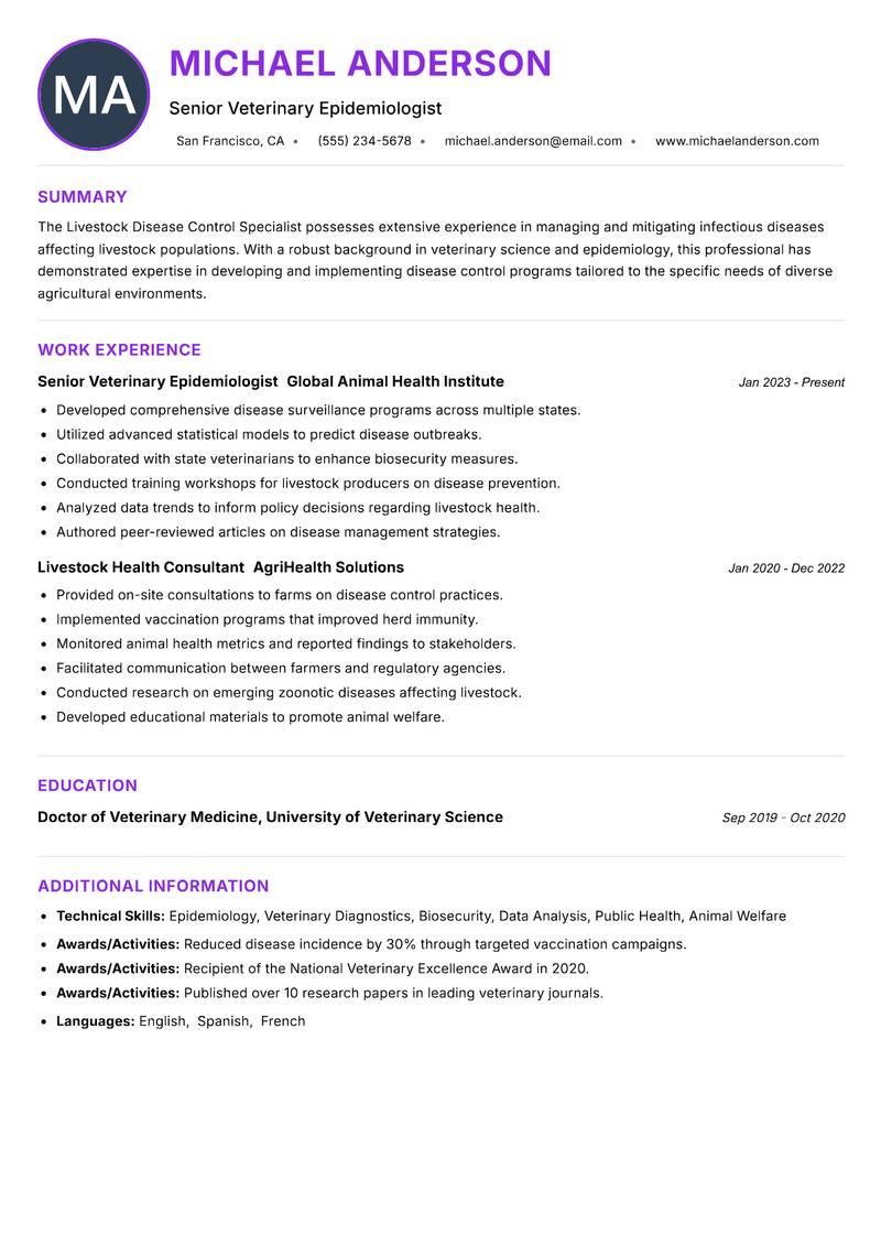 Livestock Disease Control Specialist resume example
