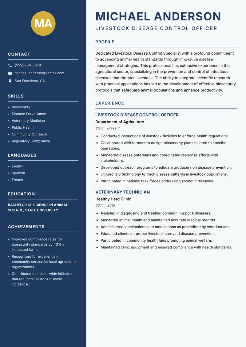 Livestock Disease Control Specialist resume sample — Livestock Disease Control Officer focus