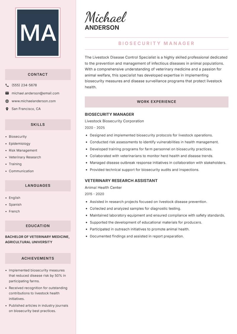 Livestock Disease Control Specialist resume sample — Biosecurity Manager focus