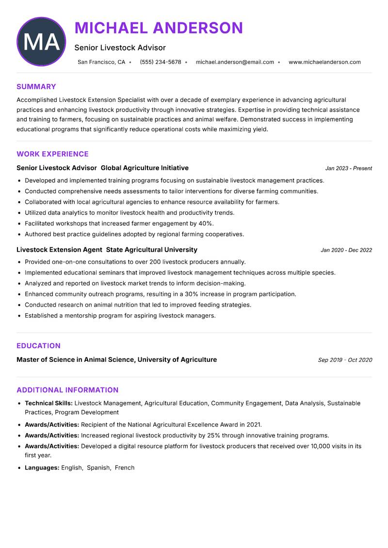 Livestock Extension Specialist resume example
