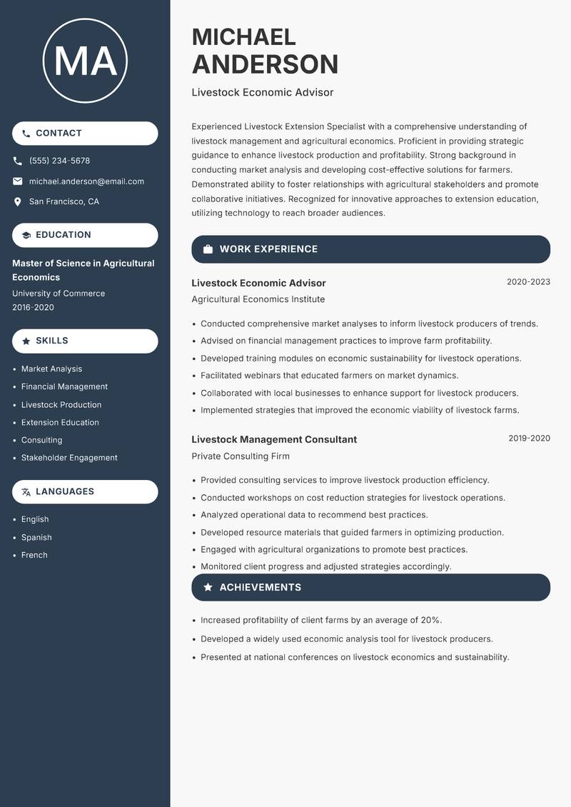 Livestock Extension Specialist resume sample — Livestock Economic Advisor focus
