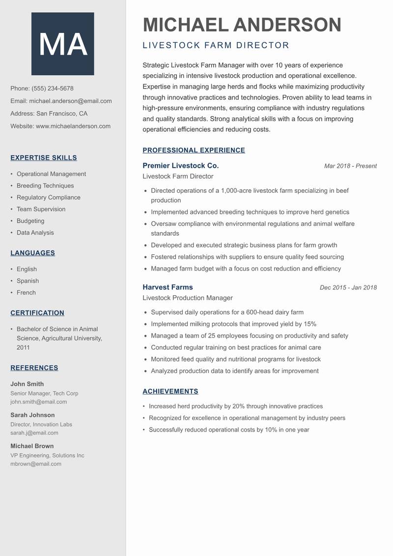 Livestock Farm Manager resume sample — Livestock Farm Director focus