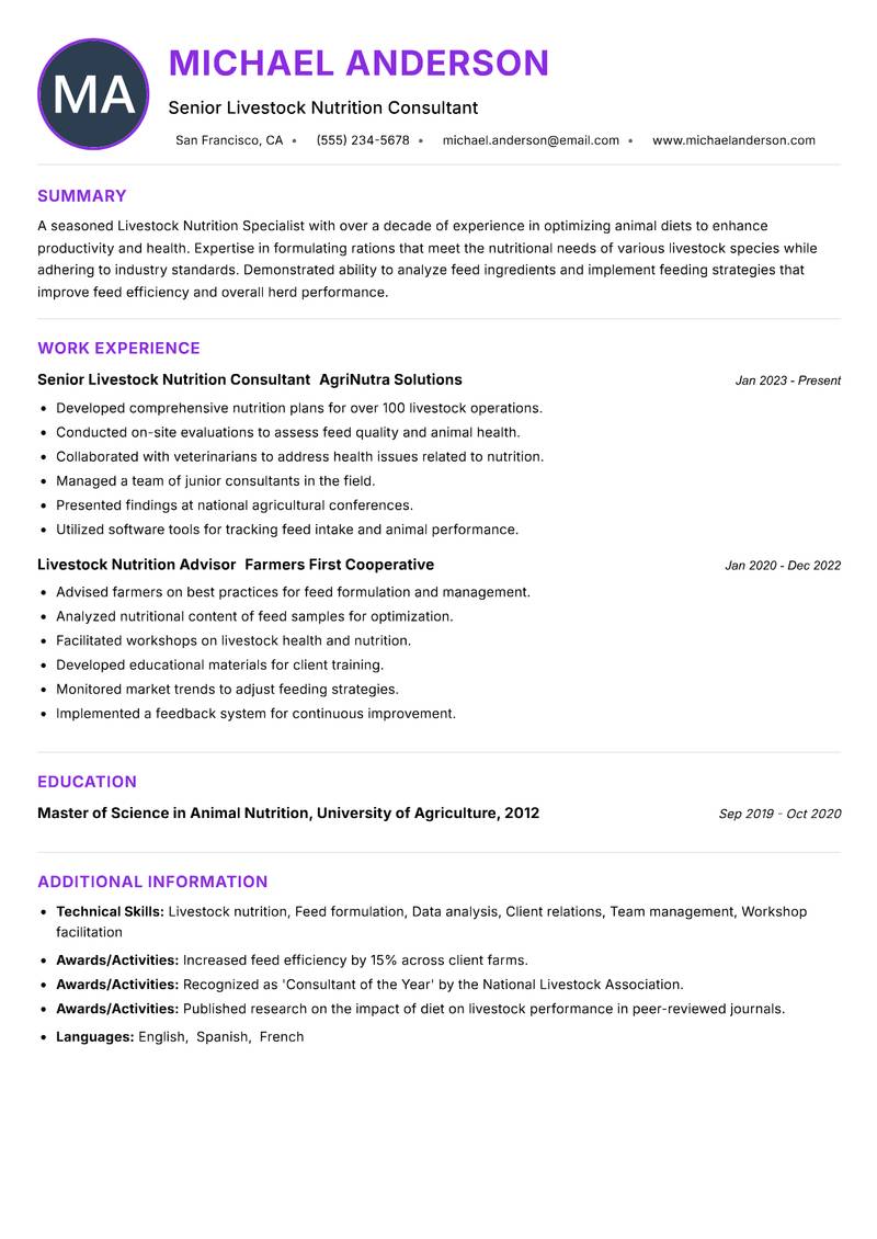 Livestock Nutrition Specialist resume example