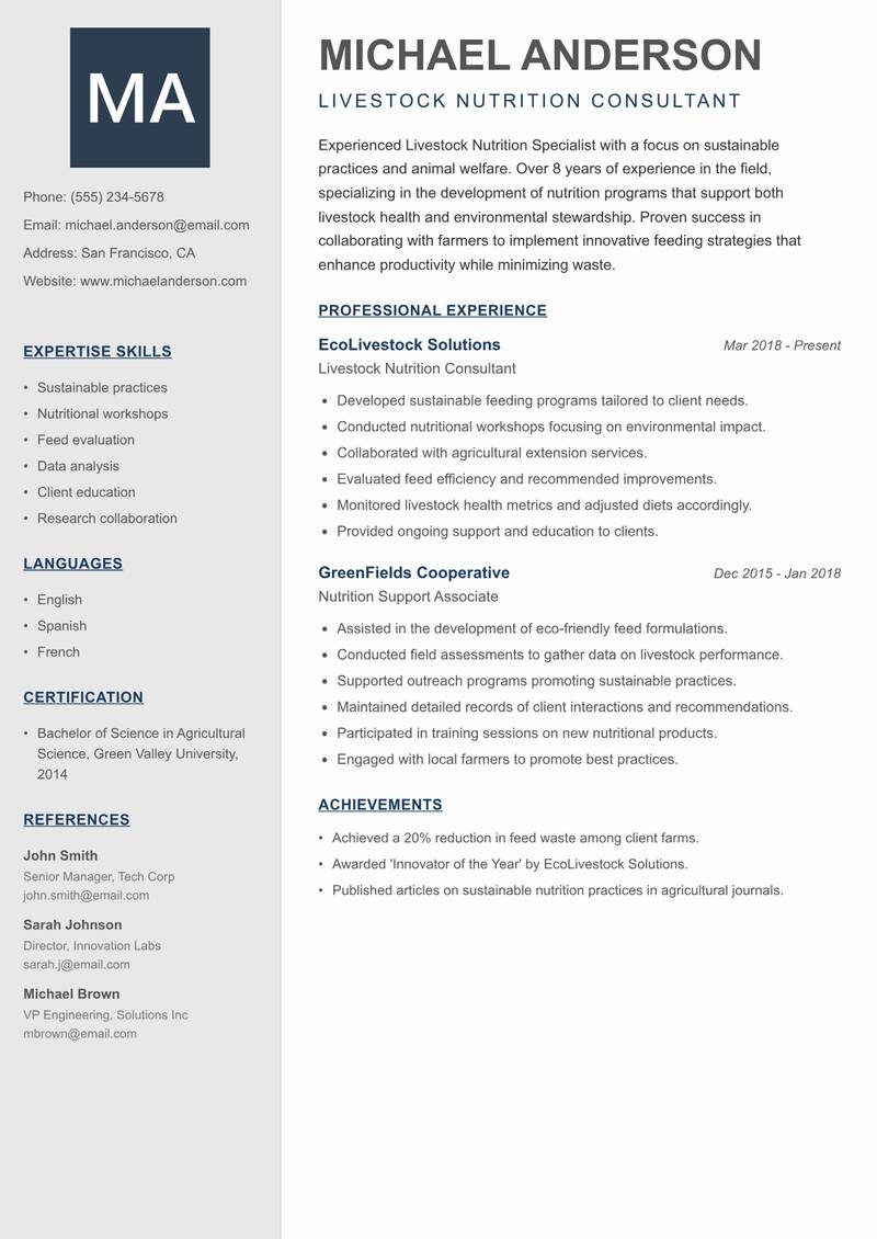 Livestock Nutrition Specialist resume sample — Livestock Nutrition Consultant focus