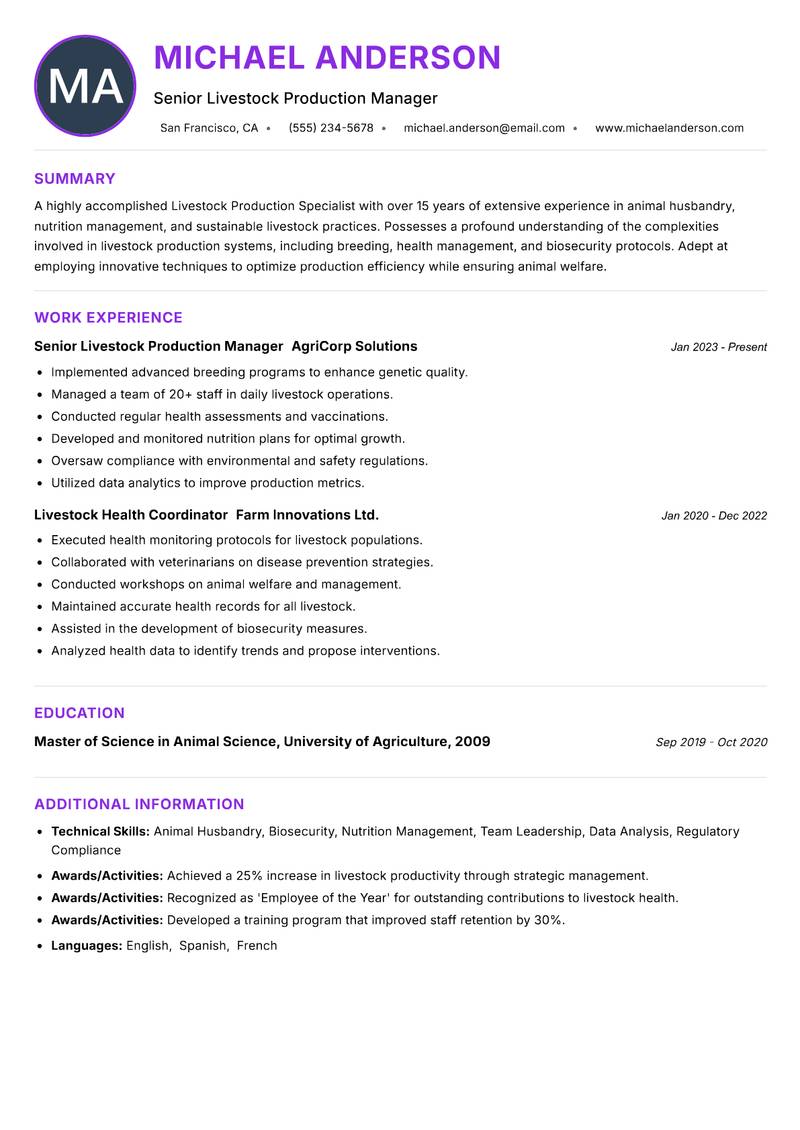 Livestock Production Specialist resume example