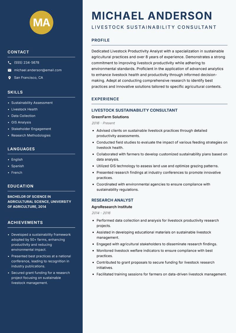 Livestock Productivity Analyst resume sample — Livestock Sustainability Consultant focus