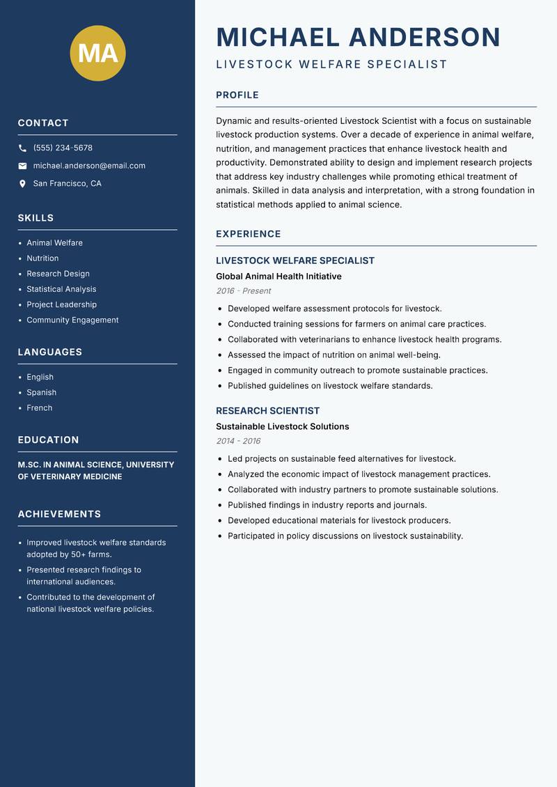 Livestock Scientist resume sample — Livestock Welfare Specialist focus