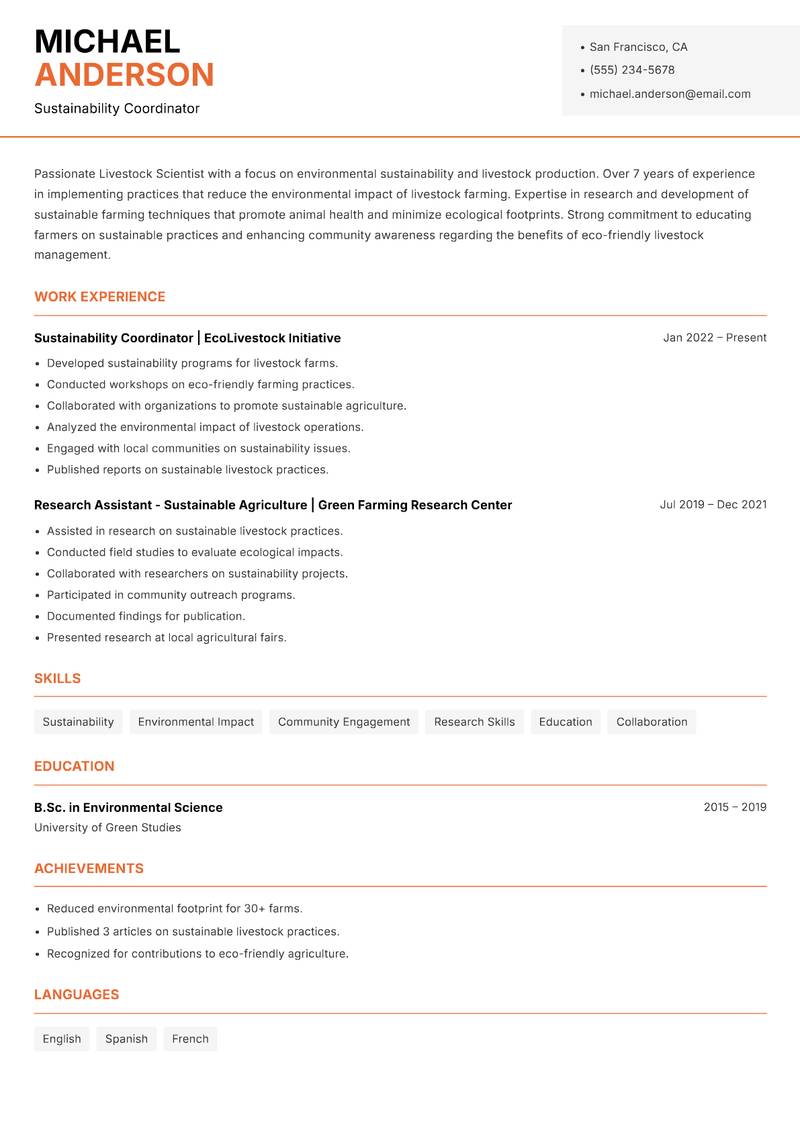 Livestock Scientist resume sample — Sustainability Coordinator focus