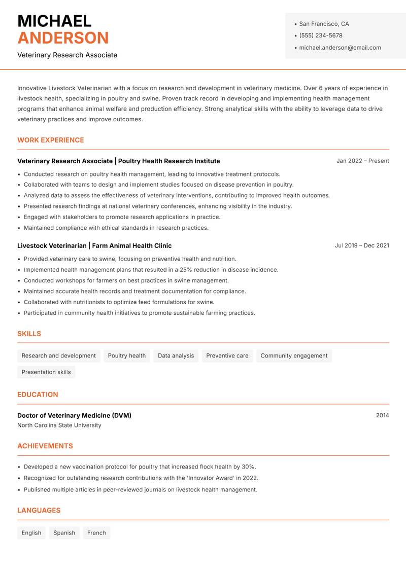 Livestock Veterinarian resume sample — Veterinary Research Associate focus