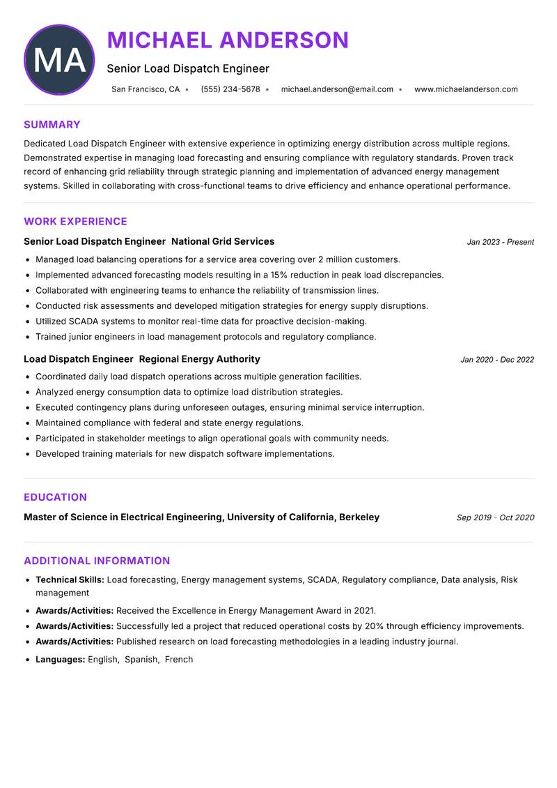 Load Dispatch Engineer resume example