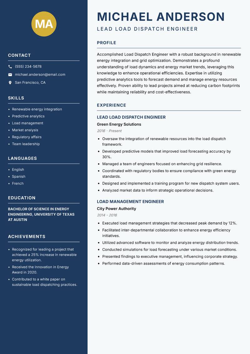 Load Dispatch Engineer resume sample — Lead Load Dispatch Engineer focus