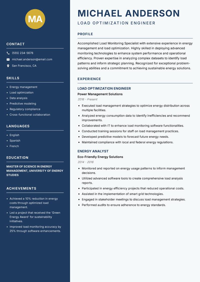 Load Monitoring Specialist resume sample — Load Optimization Engineer focus