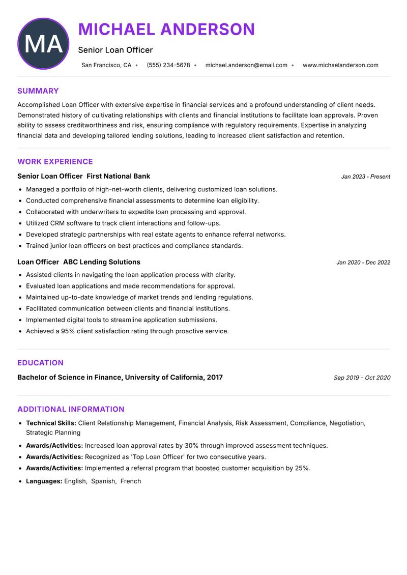 Loan Officer resume example
